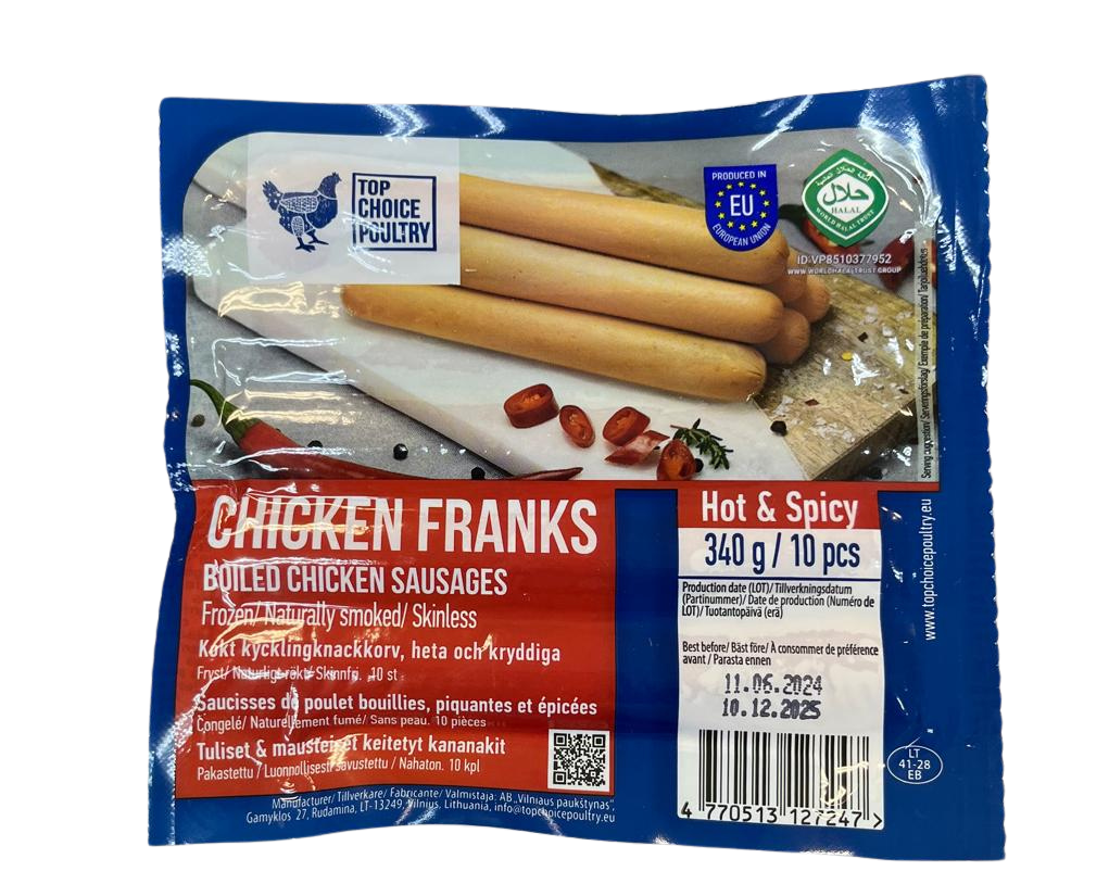 TOP CHOICE CHICKEN FRANKS HOT 340G